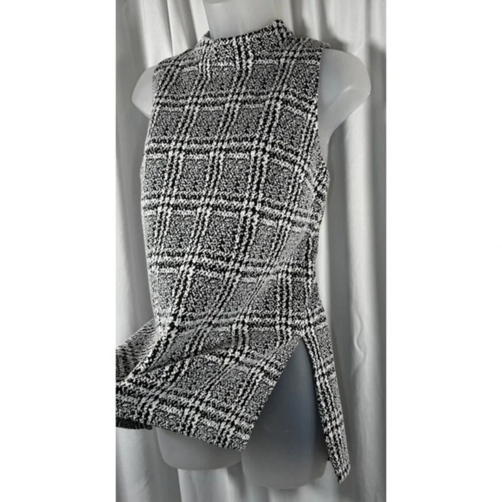 Michael Kors Black‎ White Plaid Mock Neck Sleeveless Tunic Top L Preppy 86-34